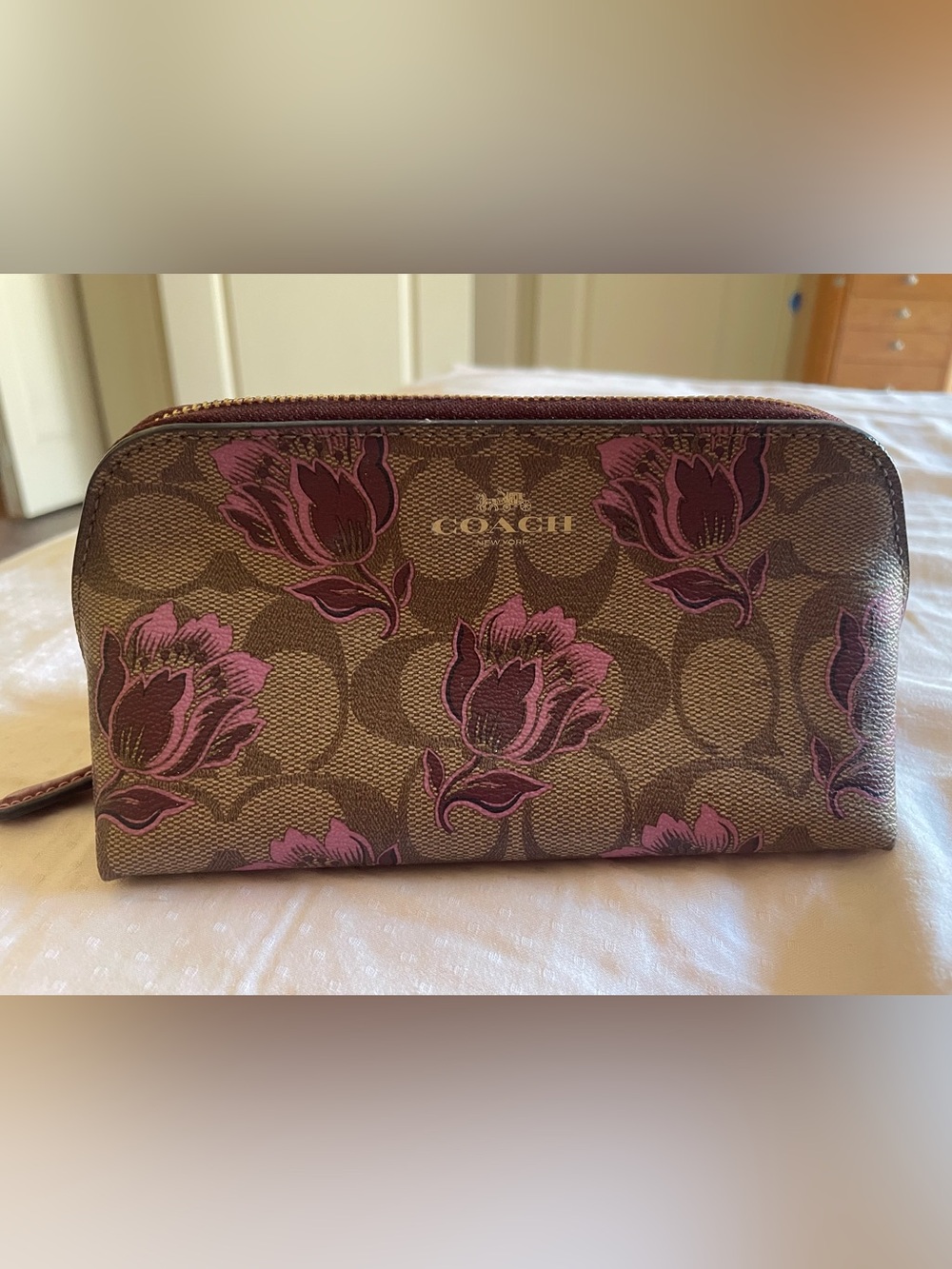 COACH Brown Signature Canvas Cosmetic Case with Pink Floral Print